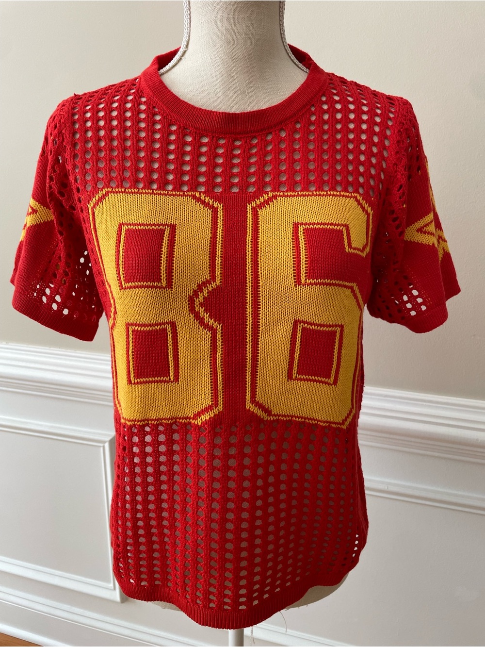 Women’s Crochet Knit Sweater Red/Gold #86 Collegiate Jersey Size Small